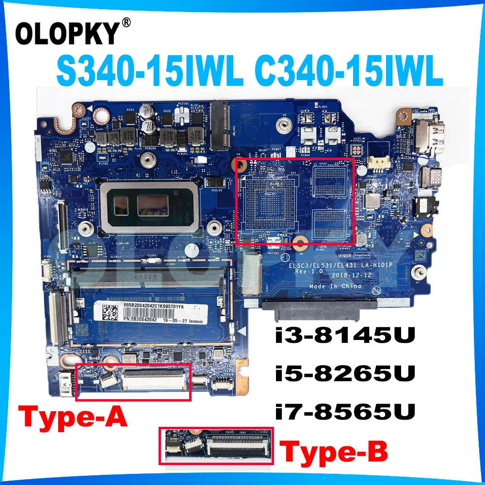 

LA-H101P motherboard for Lenovo S340-15IWL C340-15IWL laptop motherboard with i3-8145U i5-8265U i7-8565U CPU 4GB-RAM DDR4 UMA