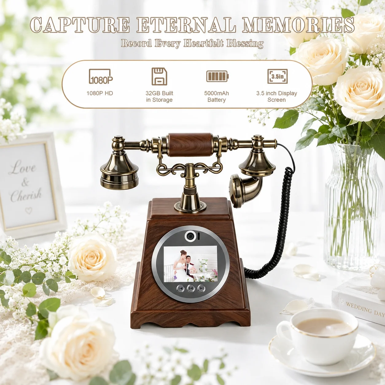 Retro Video Guestbook Telephone 1080P HD Audio Guest Book for Wedding Party Birthday Event Memory Recorder Gift
