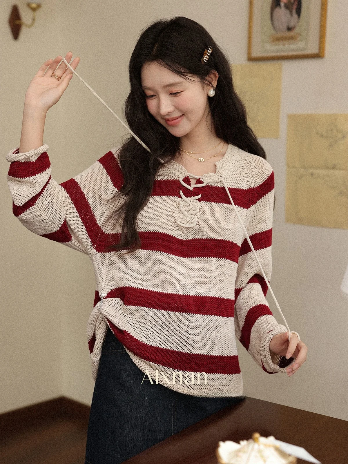 

Красный полосатый трикотажный джемпер с длинным рукавом для женщин, в стиле ретро, для повседневной носки, из мягкой ткани, с круглым вырезом, стандартный крой