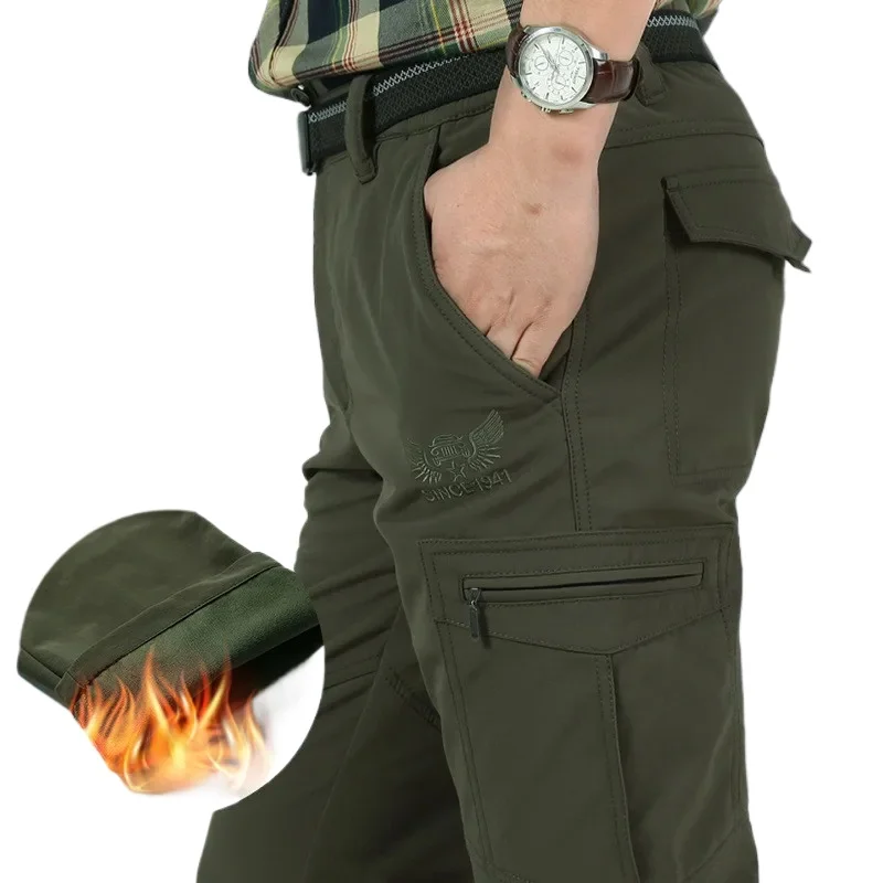 Men's Winter Fleece Tactical Pants Warm Cargo Pant Hunting SoftShell Work Trousers Shark Skin Thick Warm Waterproof Pants M-4XL