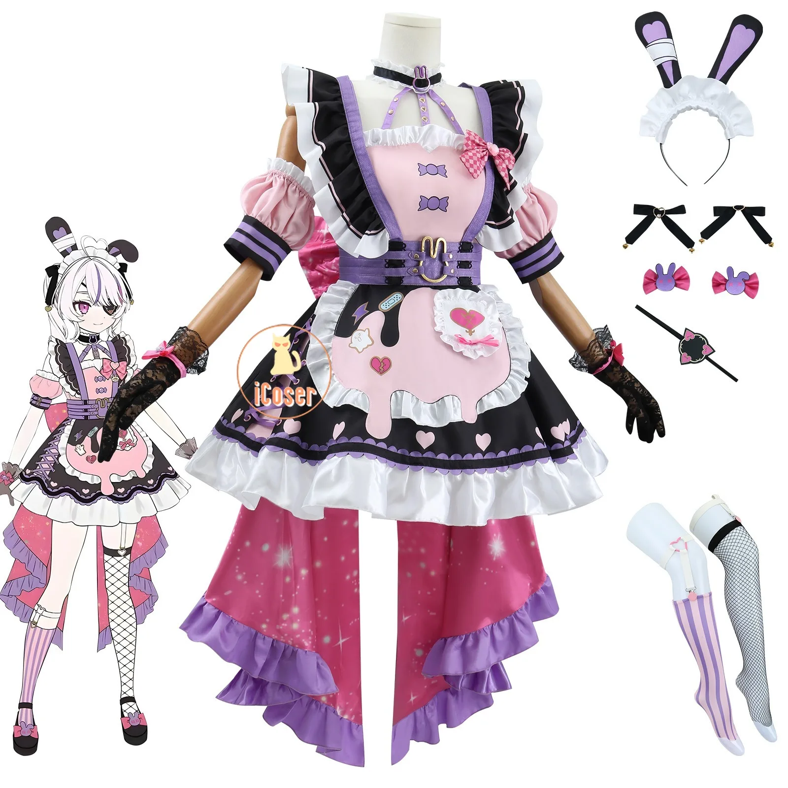 VTuber Maria Marionette Cosplay Costume Wig Dress 2nd Outfit Uniform Stocking Headband Halloween Party for Women - view 3