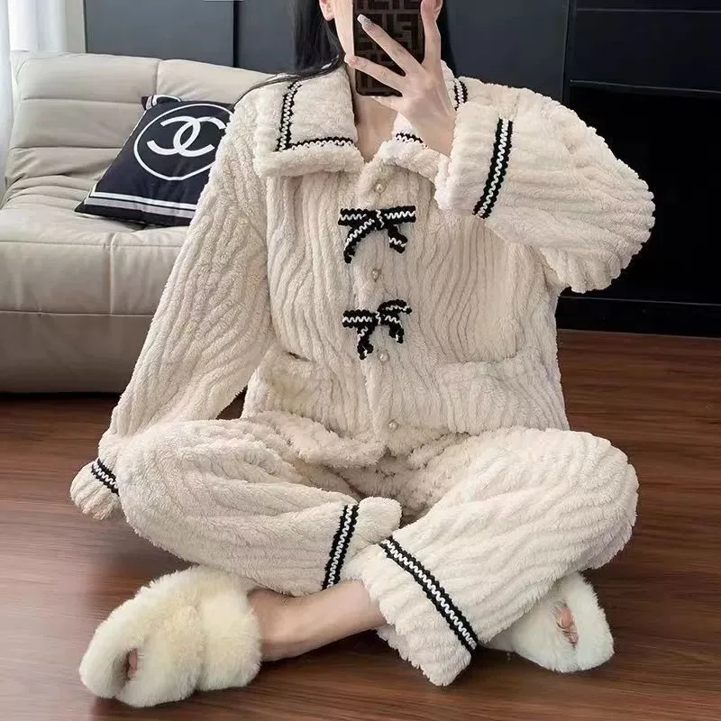 2024 New Autumn Winter Pajamas Princess Style Loungewear Simple Pajama Set Sweet Bow Knot Thickened Student Warm Sleepwear