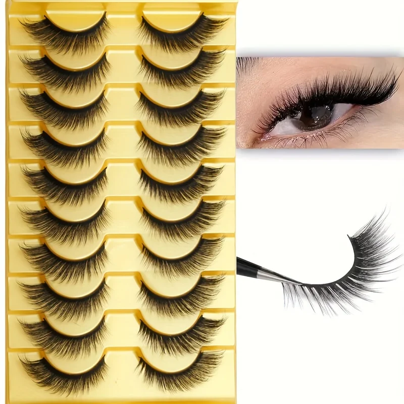 10 pairs of false eyelashes, natural L-shaped cat eye false eyelashes, fluffy eyelashes 3D extension 10 pairs of 16mm eyelashes