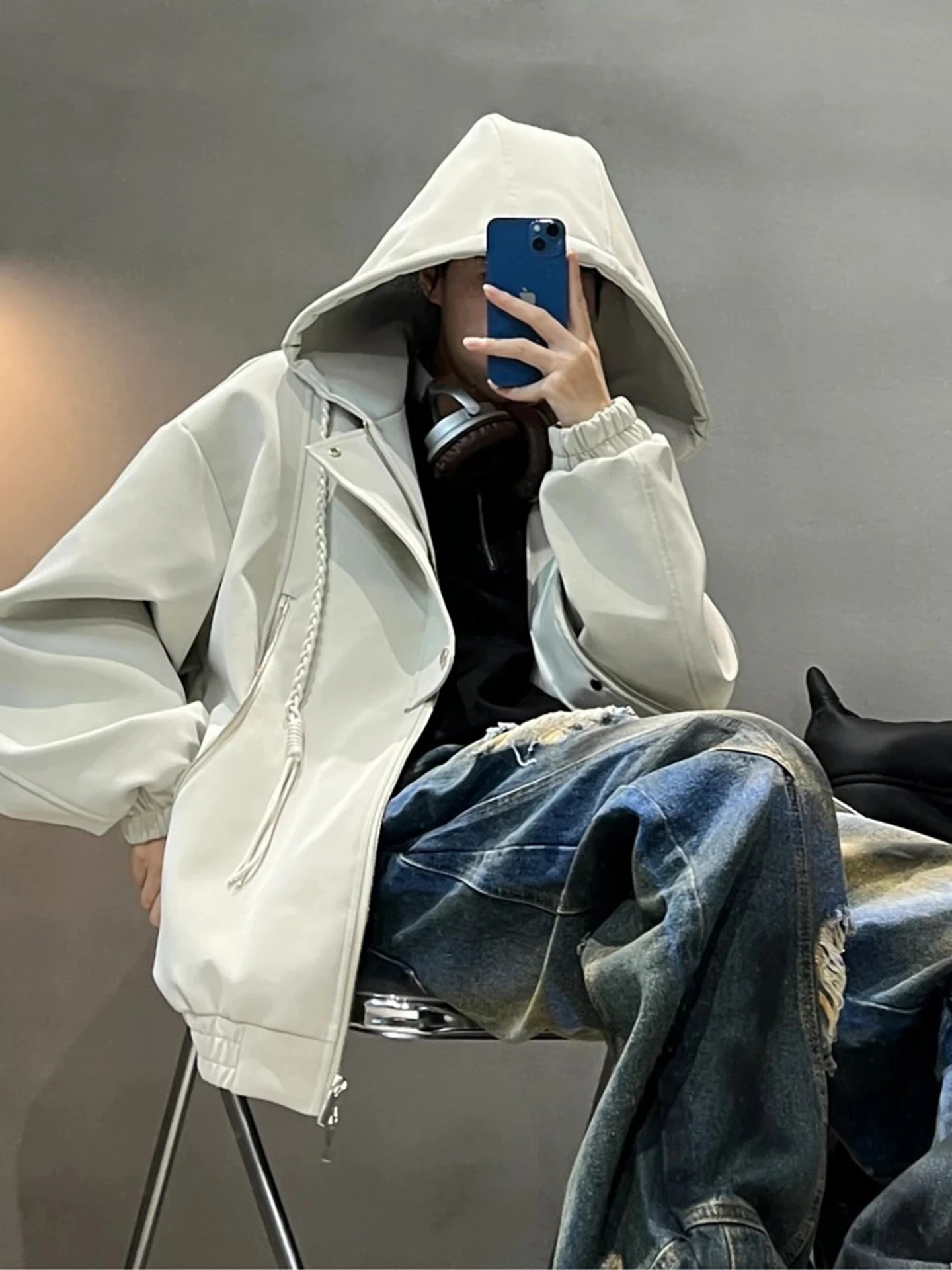 

Light Blue Matte Leather Jaet Hooded ort Sle for Men And Women Autumn Faionable Biker Jaet Youthful Energy Design