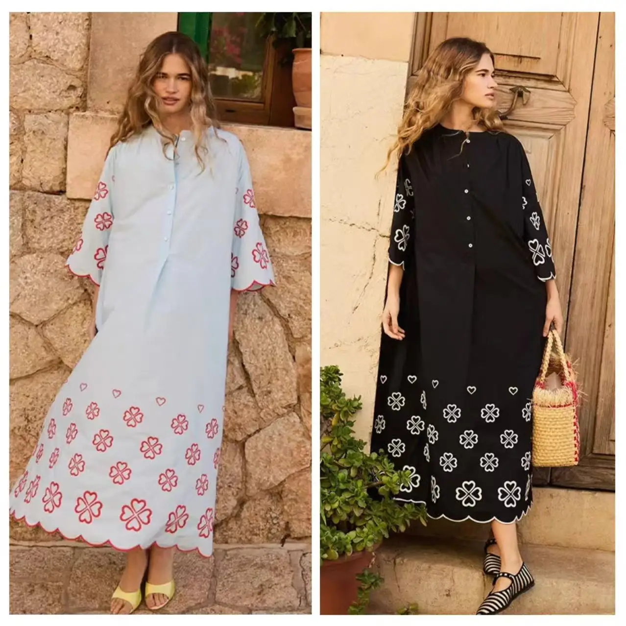 

Nordic Style Loose Embroidered Dress Floral Print Simple Design Spring Summer Autumn A-Line Skirt Cotton Material Long Sleeve