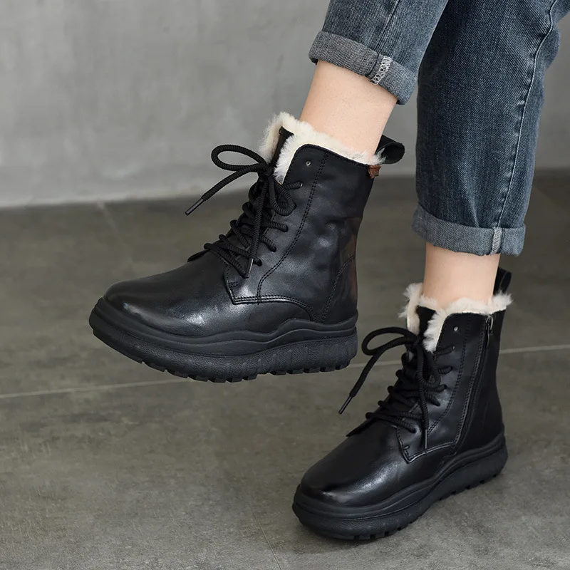 

2025 Autumn And Winter New Thick Sole Wool Boots Thickened Warm Cotton Boots Genuine Leather Retro Women Short Boots