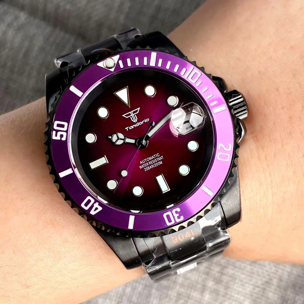 Tandorio PVD SUB 40mm Luxury Top Purple dial 200M Waterproof Diving Men Watch Selfwing NH35AA 316LSteel Diver Wristwatch Jewelry