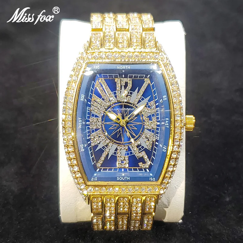 Tonneau Big Dial Men\'s Watches Luxury 18K Gold Plated Diamond Wristwatch Hip Hop Ice Out Shiny Blue Face Waterproof reloj hombre