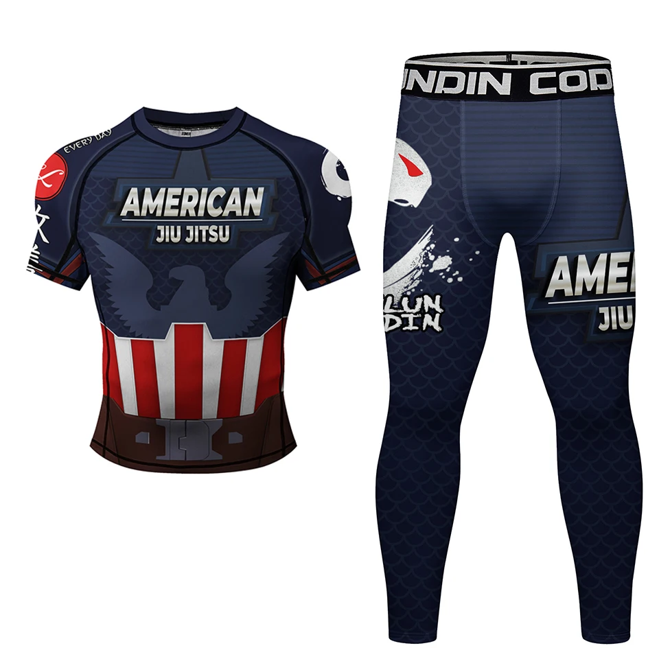 New Jiu Jitsu T-shirt +Pant 4pcs/set Rashguard Men Bjj Gi Brazilian Grappling MMA Muay Thai Shorts Gym Sport Clothing Sportswear