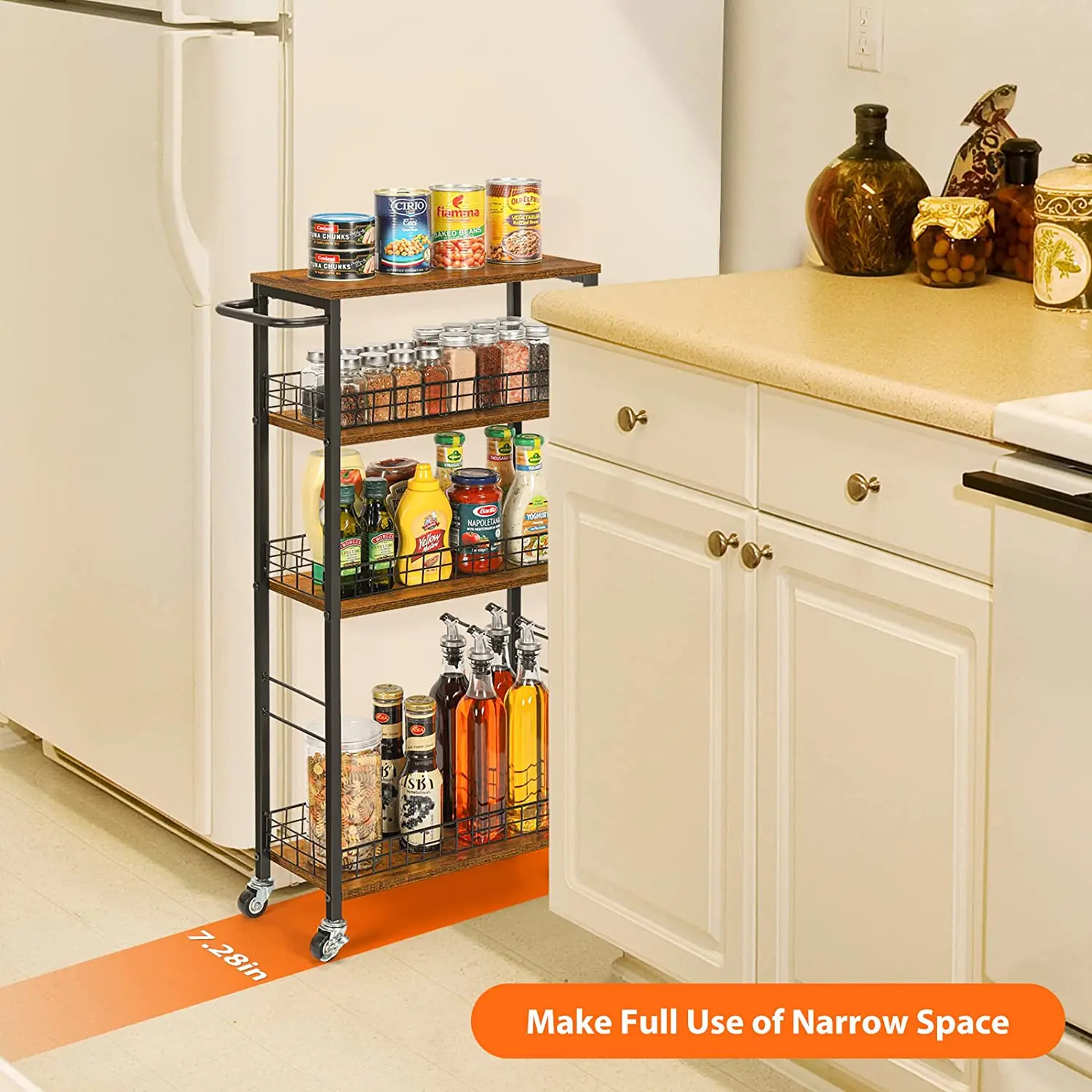 Slim Storage Cart 4 Tier Kitchen Rolling Cart on Wheels Mobile Narrow Cart with Wooden Tabletop Slide Out Utility Cart