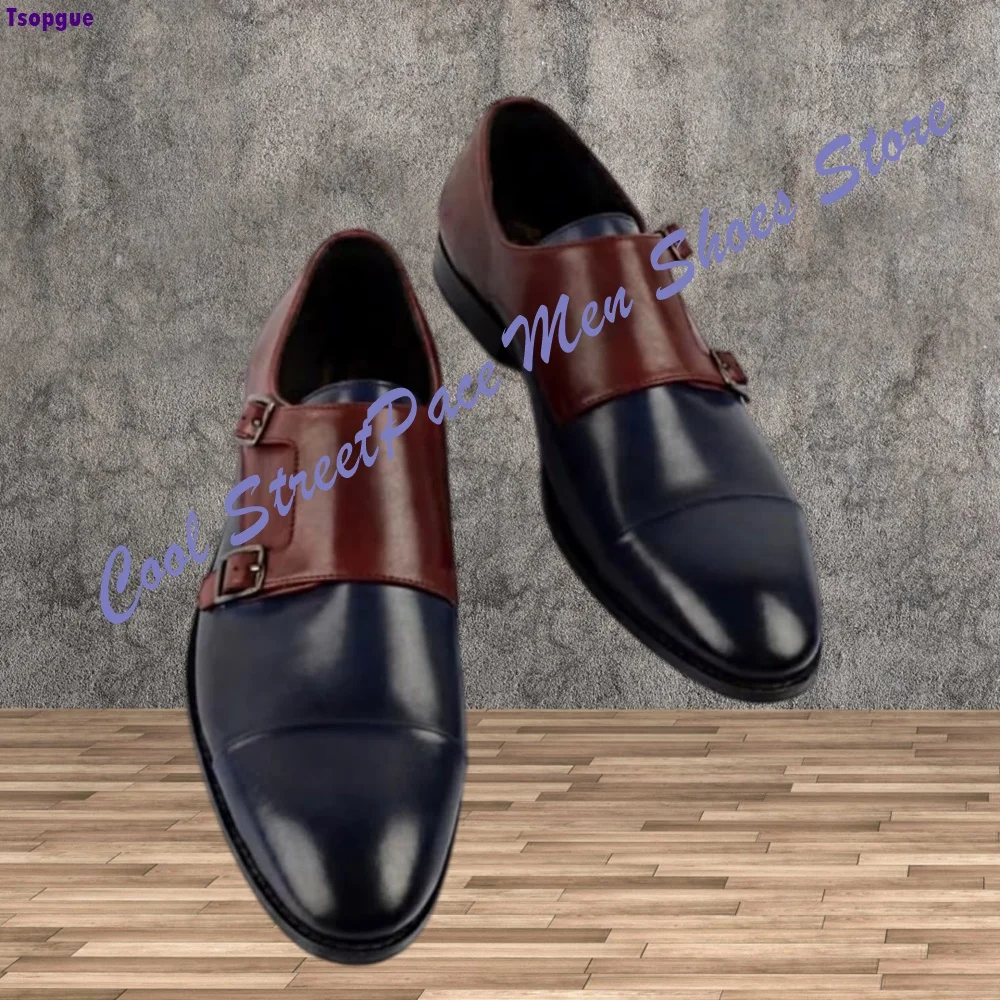 Fashion Men Contrast Color Double Monk Shoes Black Brown Buckle Slip‑on Flat with Pointed Toe Formal Dress Footwear For Office