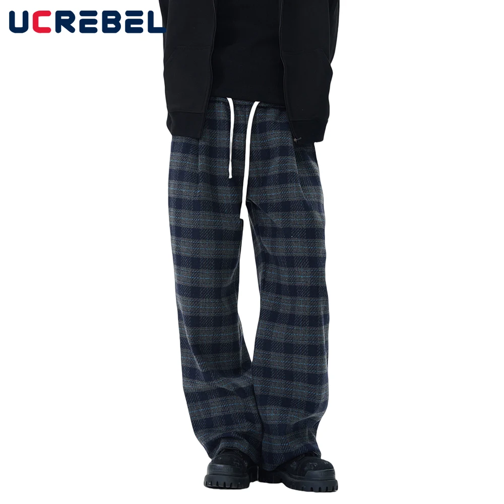 

Retro Plaid Casual Pants Mens Spring Thick High Street Loose Straight-leg Elastic Waist Wide Leg Pants Men