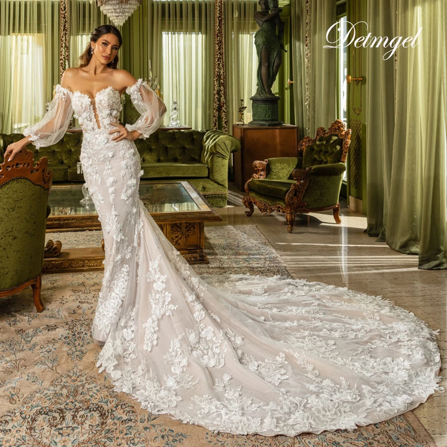 

New Exquisite Sweetheart Neck Mermaid Wedding Dresses Flowers Detachable Sleeve Appliques Chapel Train Bridal Dress Customized