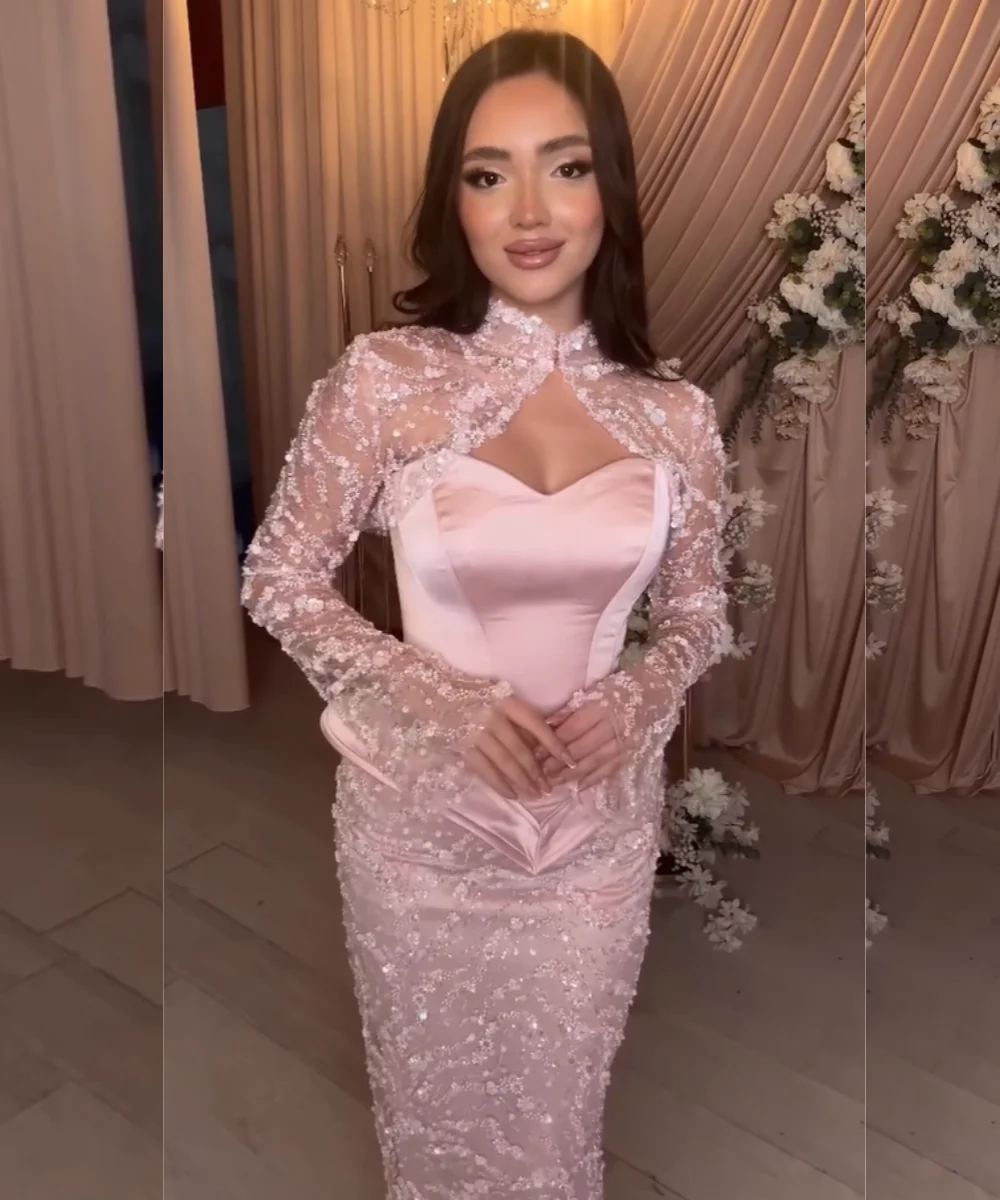 Customized Formal Charmeuse Pleat Sequined Pattern Column High Collar Long Evening Dresses Luxury 2025 Sizes Available