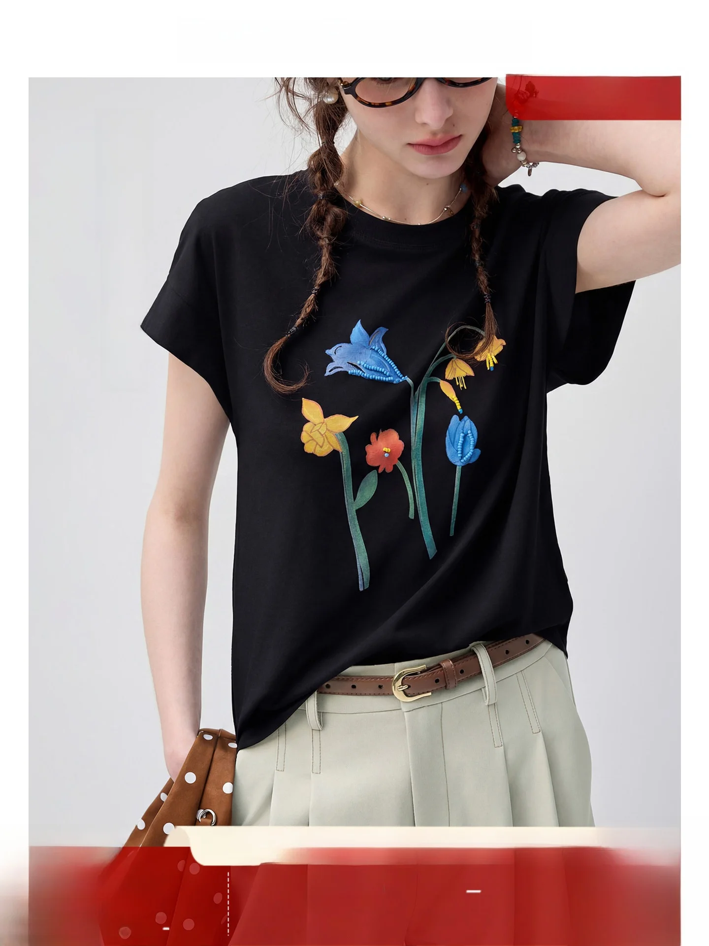 Lanshi T-Shirt VEGA CHANG Ruche Summer Printed Short Sleeve Embroidered Flower Bouquet Women's Comfortable Breathable Korean ...