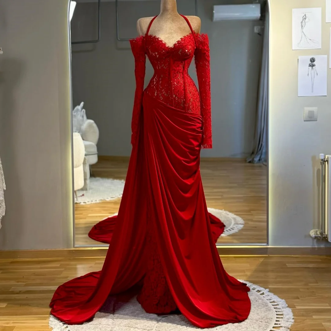 Robes de soirée en dentelle rouge, manches longues, robe de soirée de mariage sur jupe, épaules dénudées personnalisées, robe de bal formelle