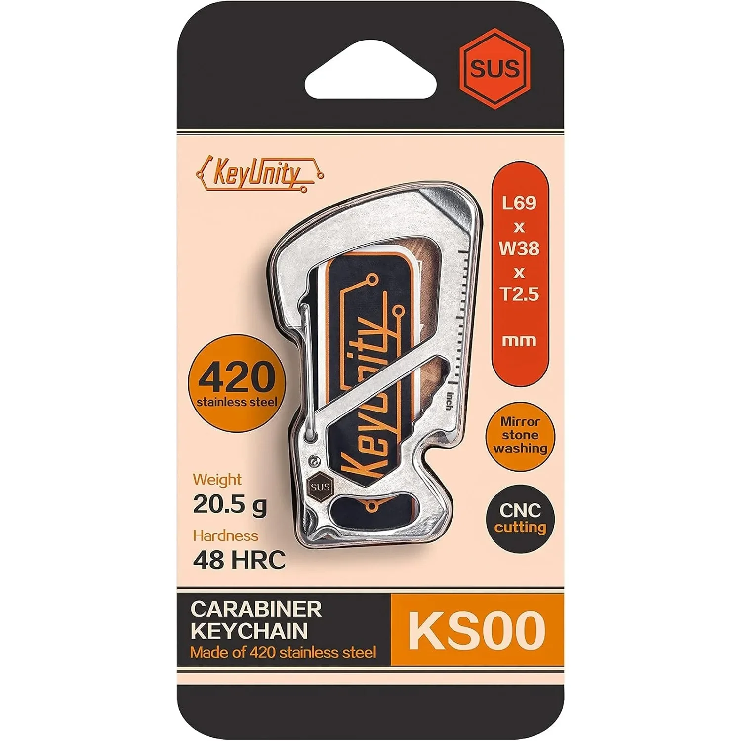 KeyUnity KS00 Carabiner Clip Multitool Stainless Steel 7 Tools in 1, Quick Release Clasp