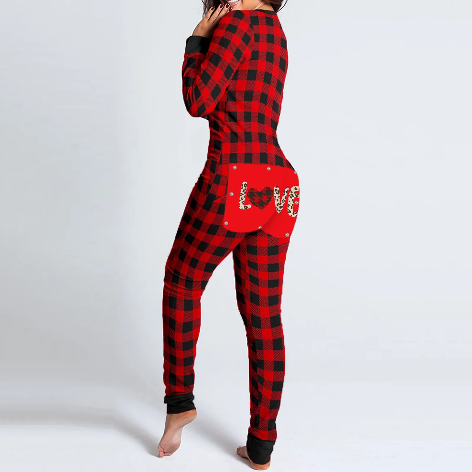 Button Flip Adult Pajamas Red Black Plaid Long Sleeved Home Suit Jumpsuit 2024 Spring Autumn New Fashion Sexy Long Jumpsuit