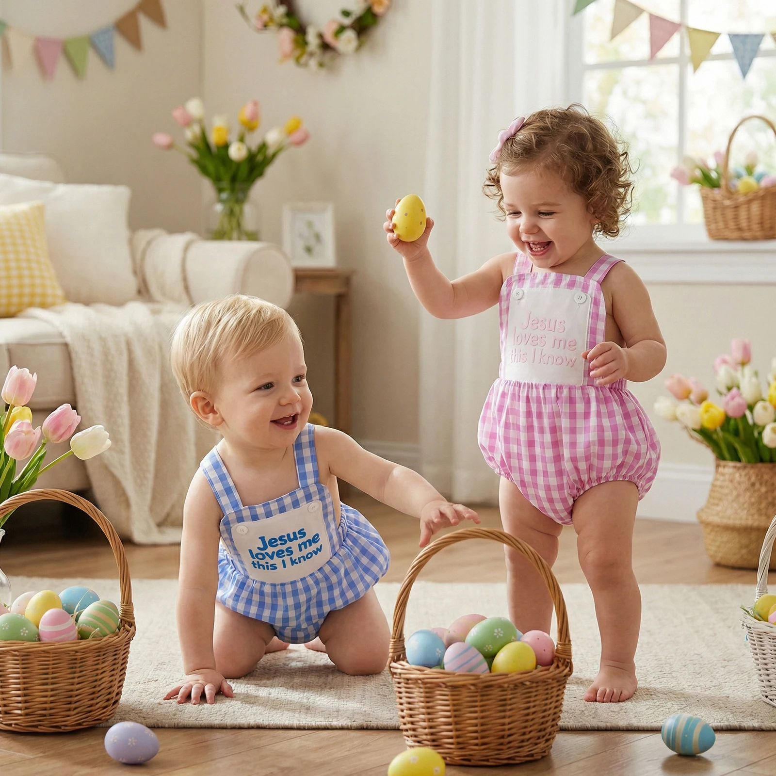 Summer Easter Infant Baby Girls Plaid Bodysuit Sleeveless Letter Print Bubble Overalls Clothes