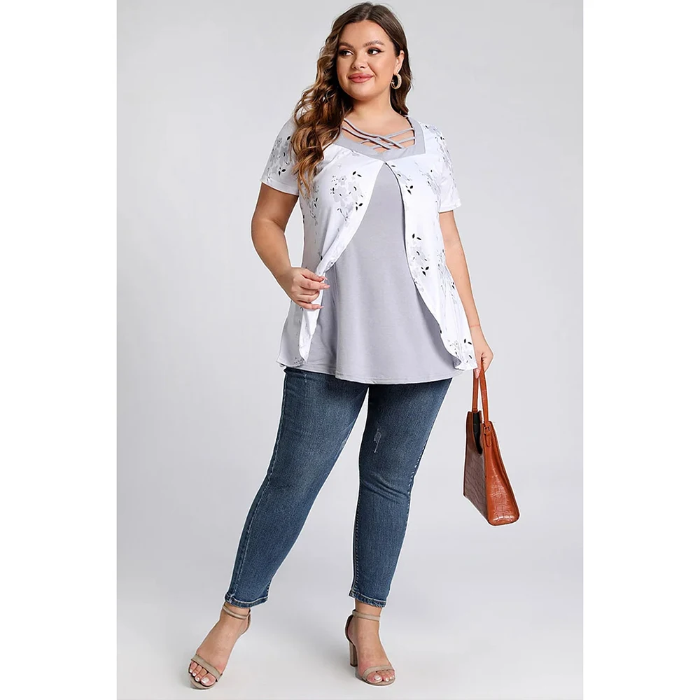 Plus Size Cross Strap Short Sleeve Floral Print Blouses White Tops