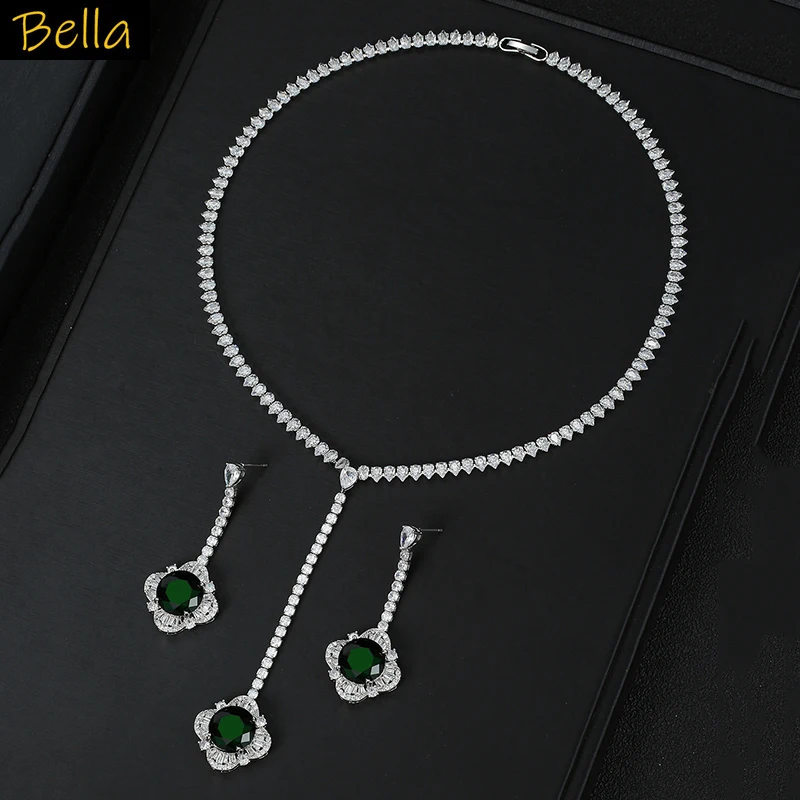 

elegant jewelry set 2pcs long green flower pendant necklace earrings shiny cubic zirconia jewelry wedding bride anniversary gift
