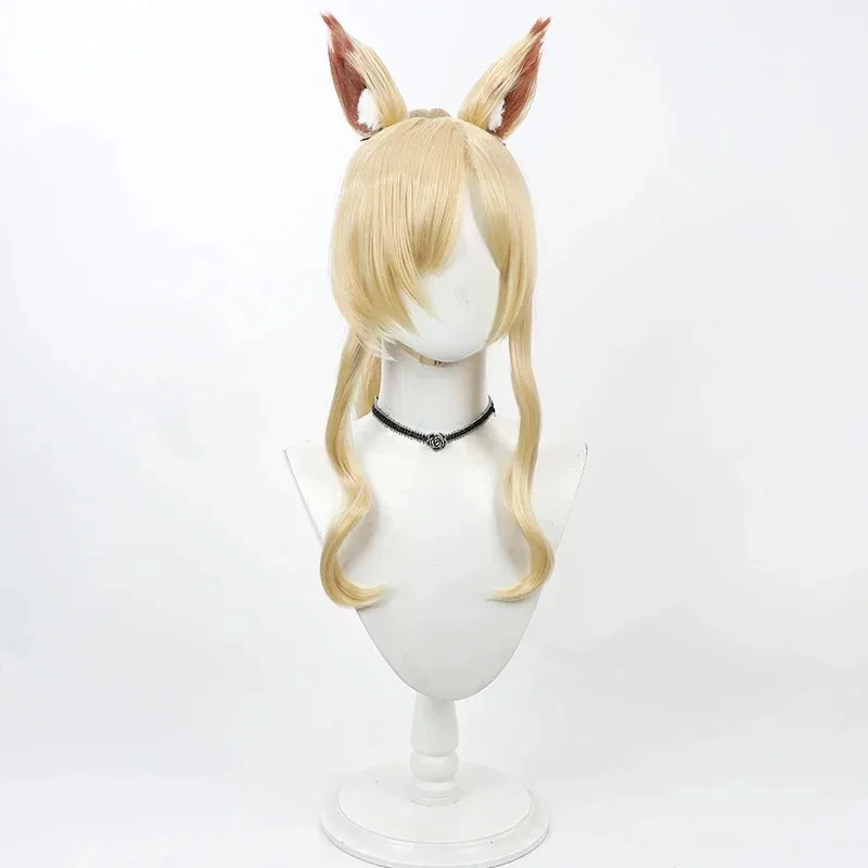 Peluca de Cosplay de archivo azul Ogata Kanna con orejas, cola de caballo rubia de 60cm, pelo sintético resistente al calor, fiesta de rol de Halloween