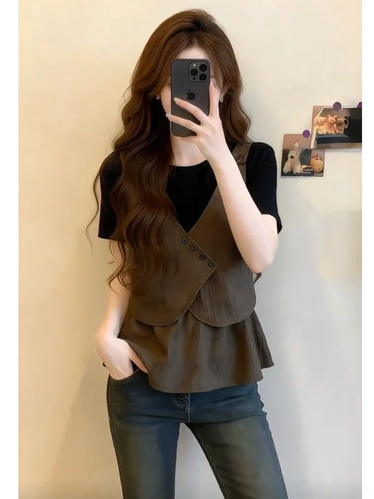 

Slimming Effect American Retro Style Short Sleeve Base Shirt Women's Summer New Waist Cinching Top round Neck Casual Loose Fit
