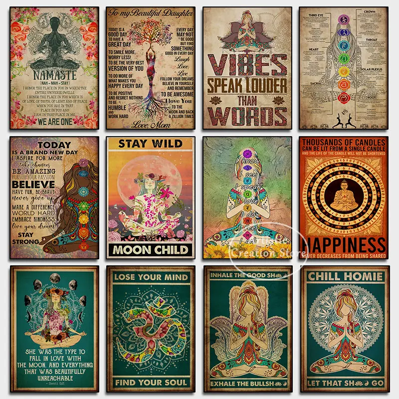 Vintage Yoga Chakra Awakening Meditation Poster Yoga Hand Movement Print Canvas Wall Pictures for Modern Yoga Room Decor Gifts