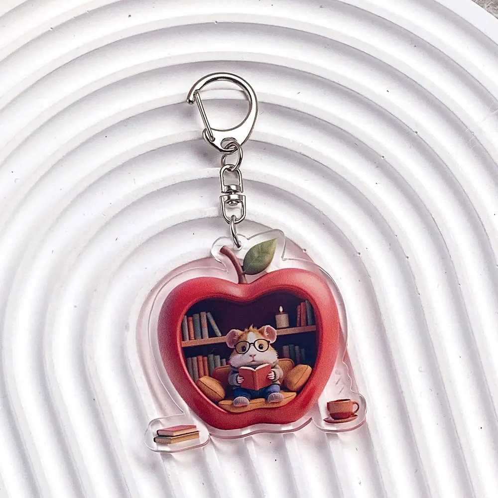 9Pcs Animal Apple Bookstore Hamster Acrylic Car Keychain Bag Charms Accessories Backpack Key Holder Keyring Fans Friends Gifts