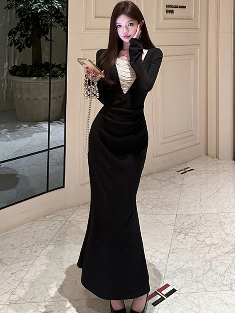 秋冬ブラックパッチワークホワイトVネックロングドレス女性プリーツボディコンフリルドレス2025韓国ヴィンテージラグジュアリーパーティードレス