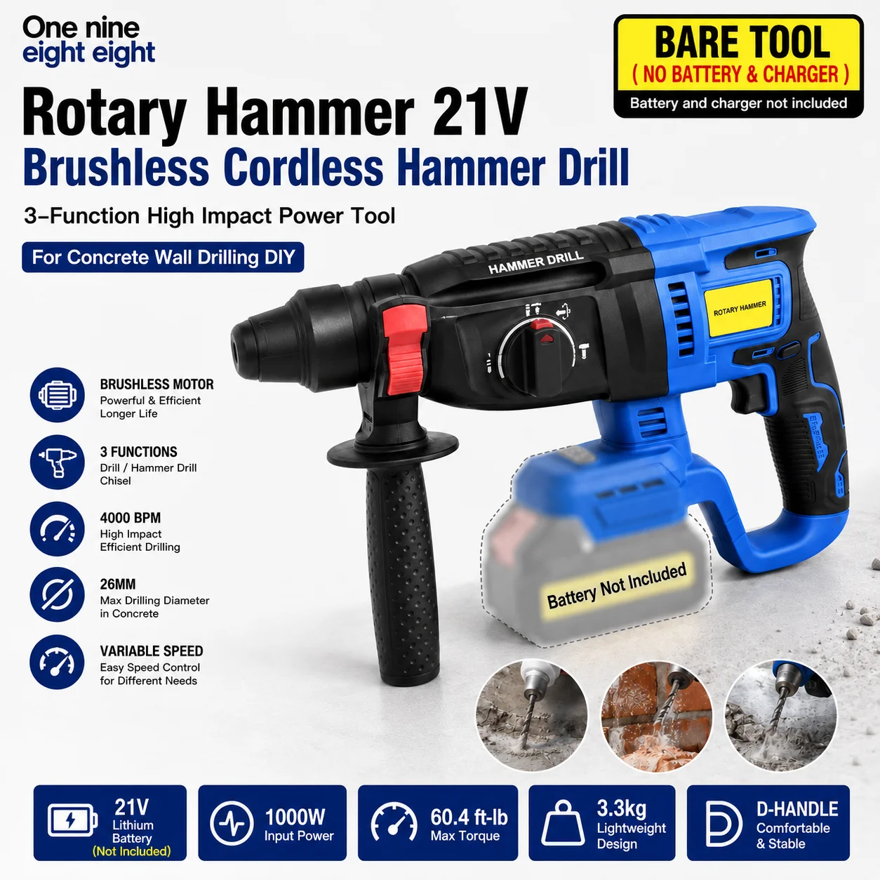 21V Brushless Cordless Drill Rotary Hammer 3-Function High Impact Power Tool for Concrete Wall Drilling