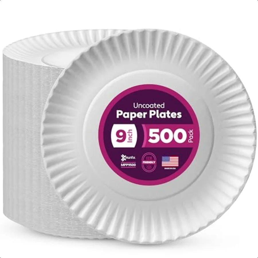 

500 Pack Uncoated Paper Plates 9 Inch Everyday Plates White Dinner Plates for BBQ Party Picnics Travel and Events Microwavable