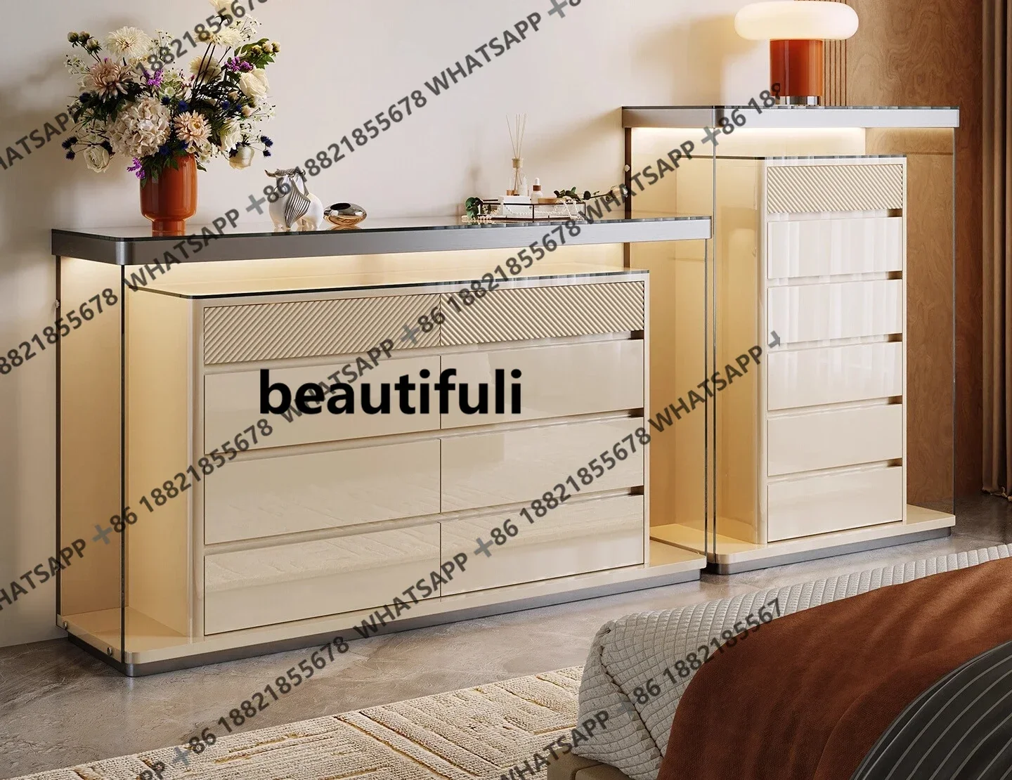 

ZJBedroom chest Italian light luxury bedside cabinet artistic eight-bucket cabinet against the wall storage cabinet