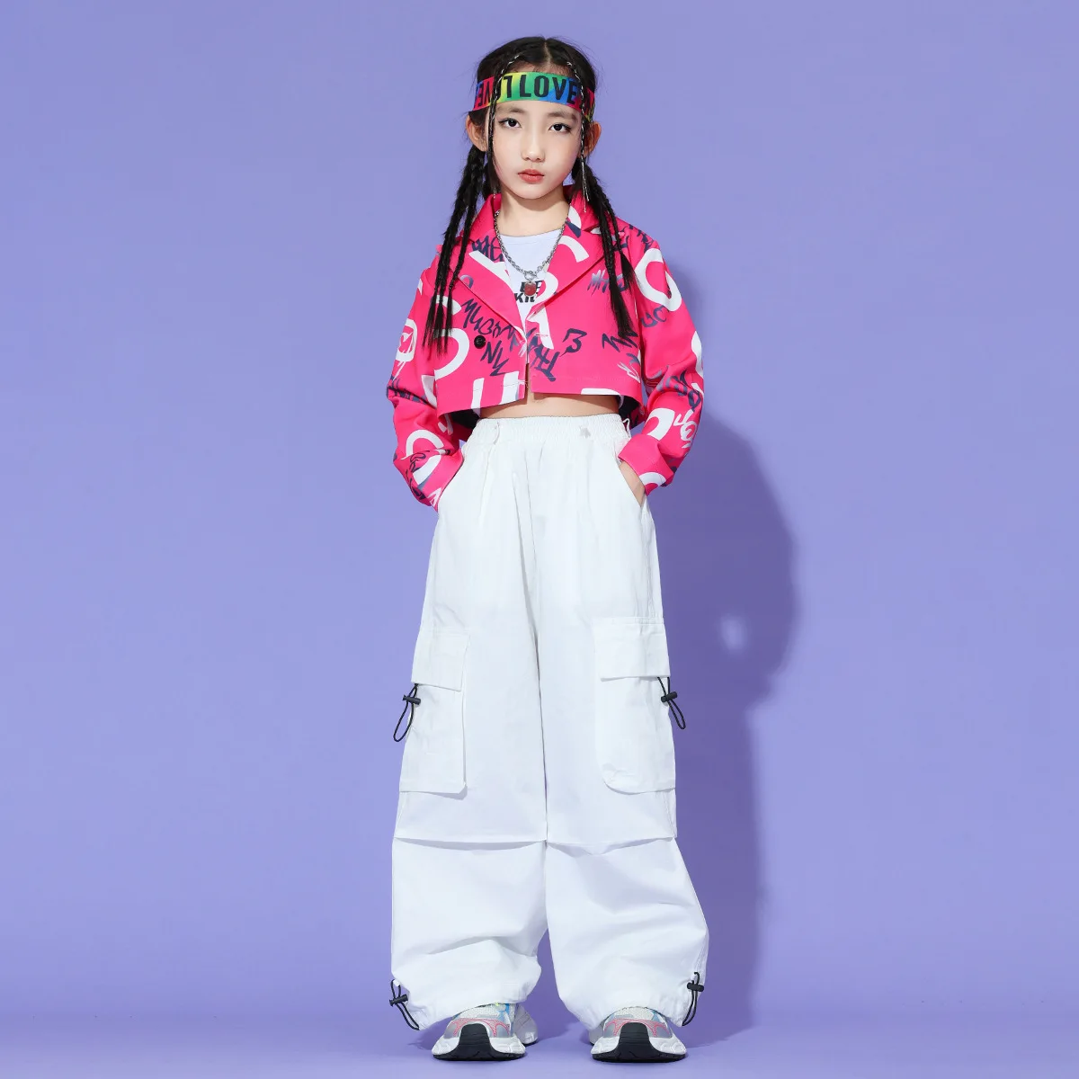 Kid Kpop Hip Hop Clothing Pink Letters Crop Jacket Top White Street Parachute Cargo Pants for Girl Jazz Dance Costumes Clothes