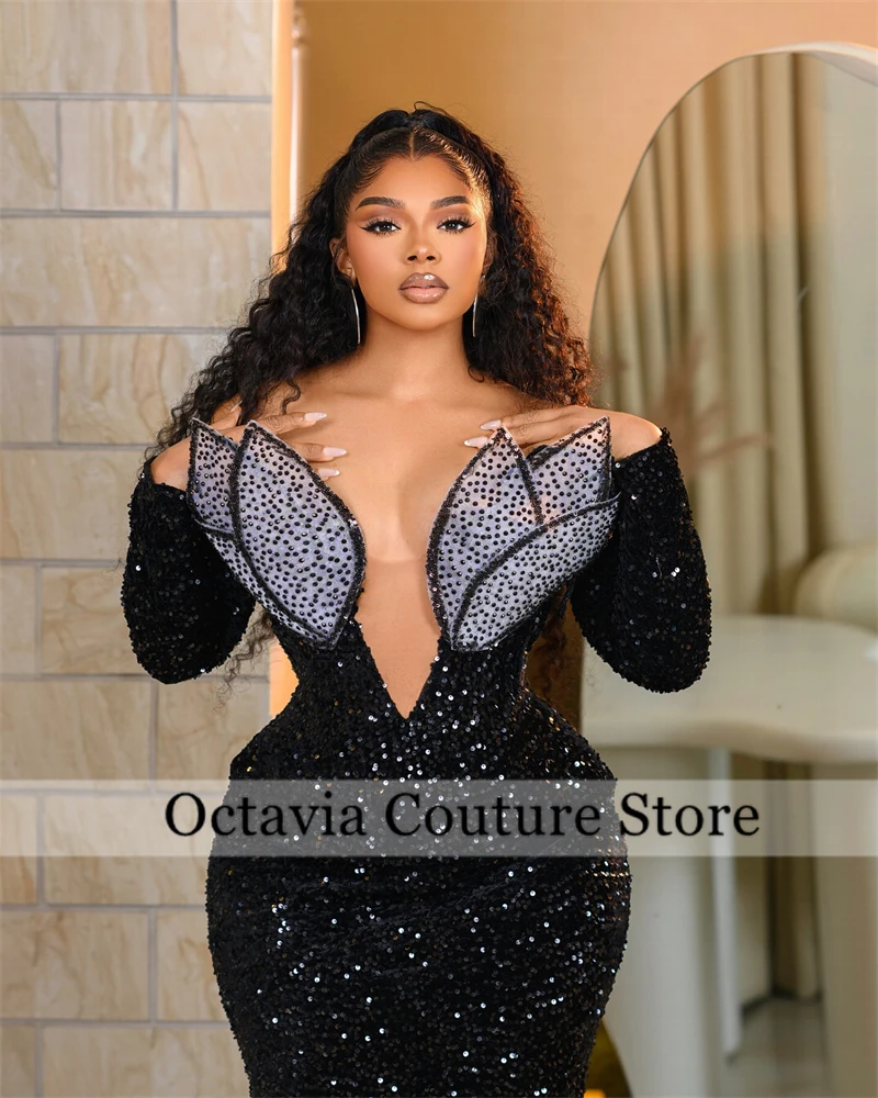 African Elegant Black Prom Dresses 2025 Nigerian Luxury Wedding Guest Party Dress Shinning Sequins Evening Dresses Customized