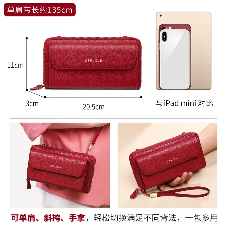 Western RFID Blocking Cowhide Leather Lychee Grain Women Shoulder Wallet Large Capacity Purse for Ladies