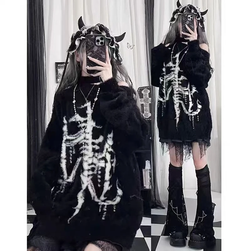 Subculture Punk Style Long Sleeve Pullovers Women Casual Slash Neck Y2K Sweaters American Vintage Slim Fit Girl Clothing Autumn