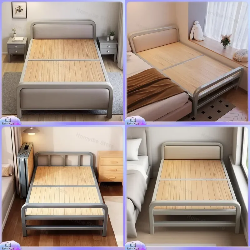 Household Folding Dual Purpose Steel Frame Bed for Rental House Dormitory Simple Single Bed Small Apartment Thickened