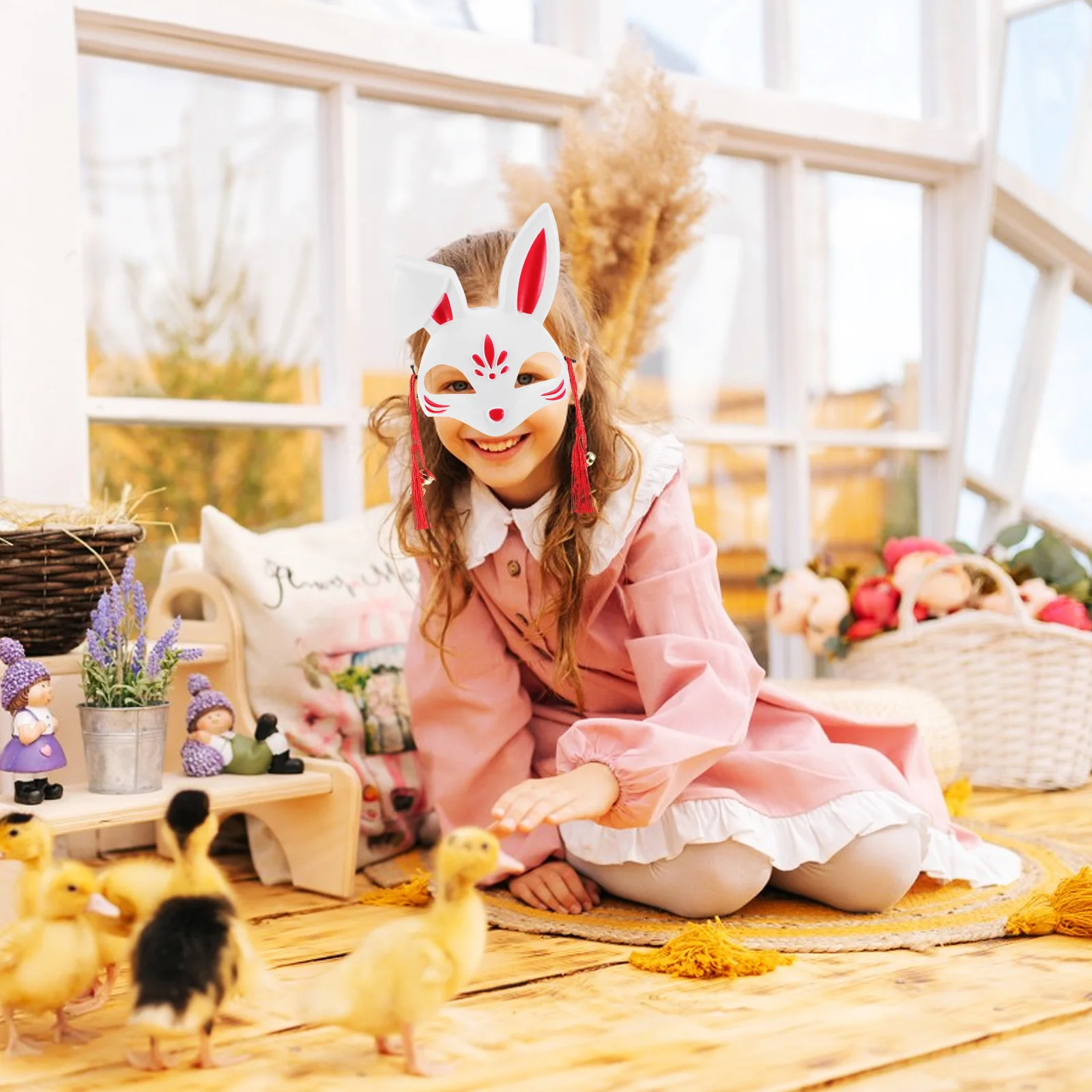 Hase-Halbgesichtsmaske, weißes Kaninchen, Kostümzubehör, Ostern, Party, Kinder, niedlicher Glockenakzent, langlebiges Material, Hasenmaske für Frauen
