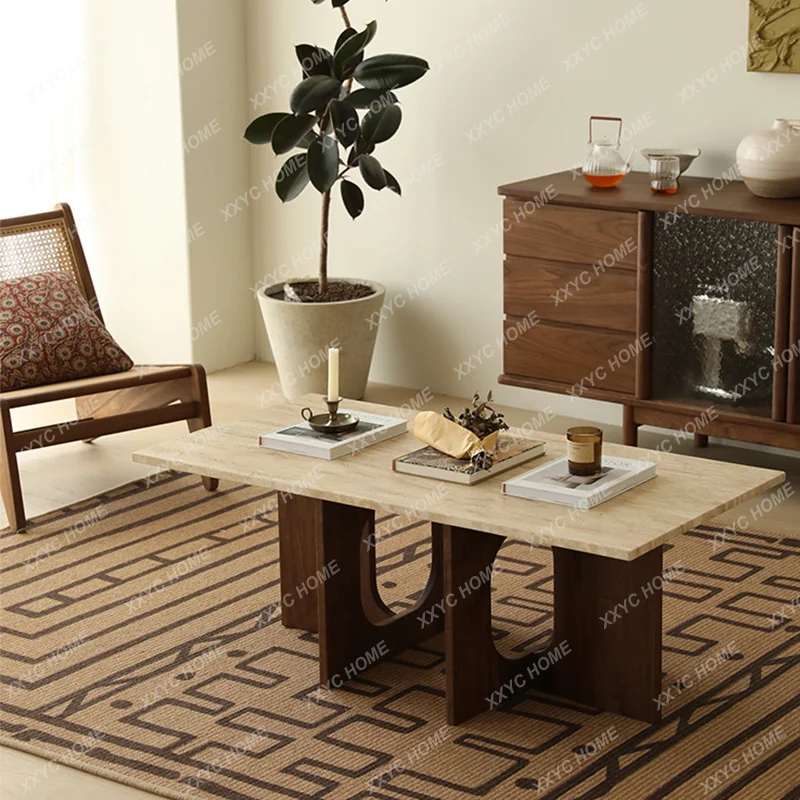AA cave stone coffee table, home living room, solid wood tea table, ancient style homestay marble table