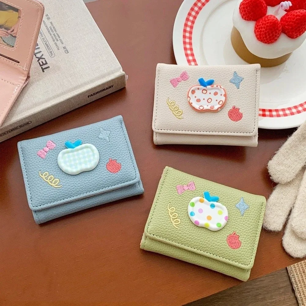 لطيف الكرتون أبل محفظة قصيرة متعددة فتحة بطاقة التطريز حامل بطاقة جلدية حقيبة المال المرأة #5