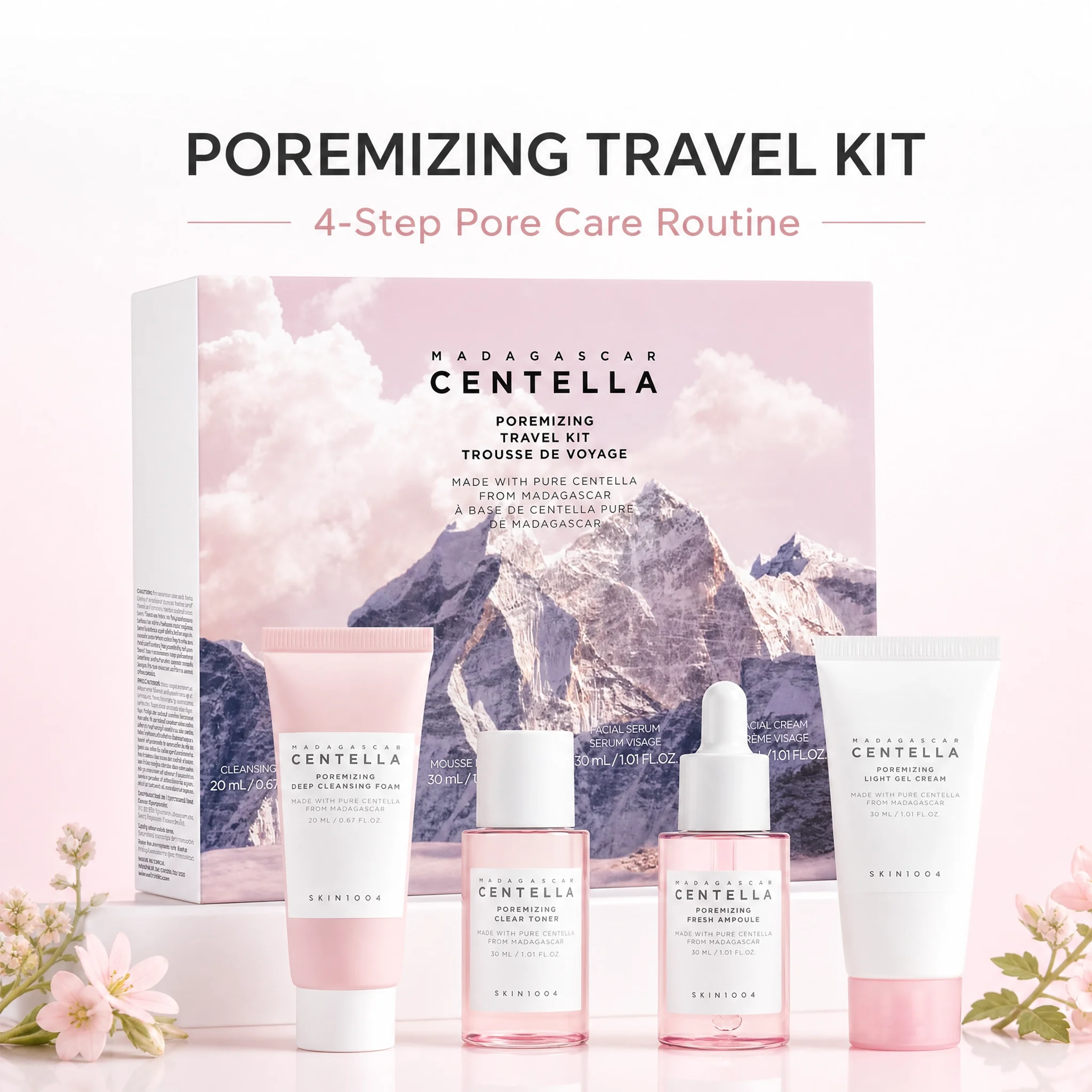 Korea Centella Porifying Travel Kit Skin And Pore Care 4 Types（Cleansing+Toner+Gel Cream+Fresh Ampoule）
