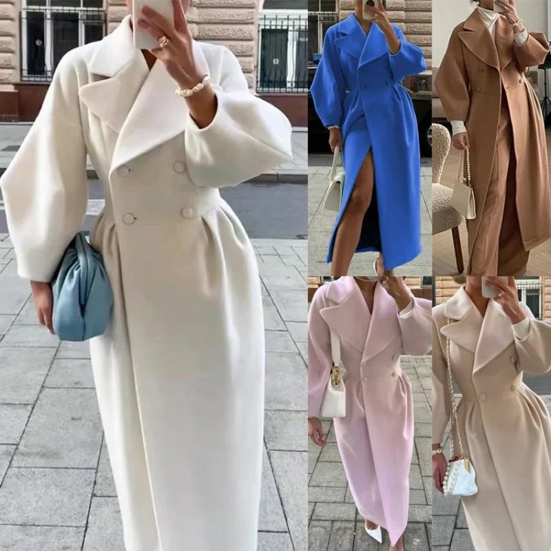 

Retro Collar Blends Jacket Fashionable Thin Lantern Sleeves Long Coat