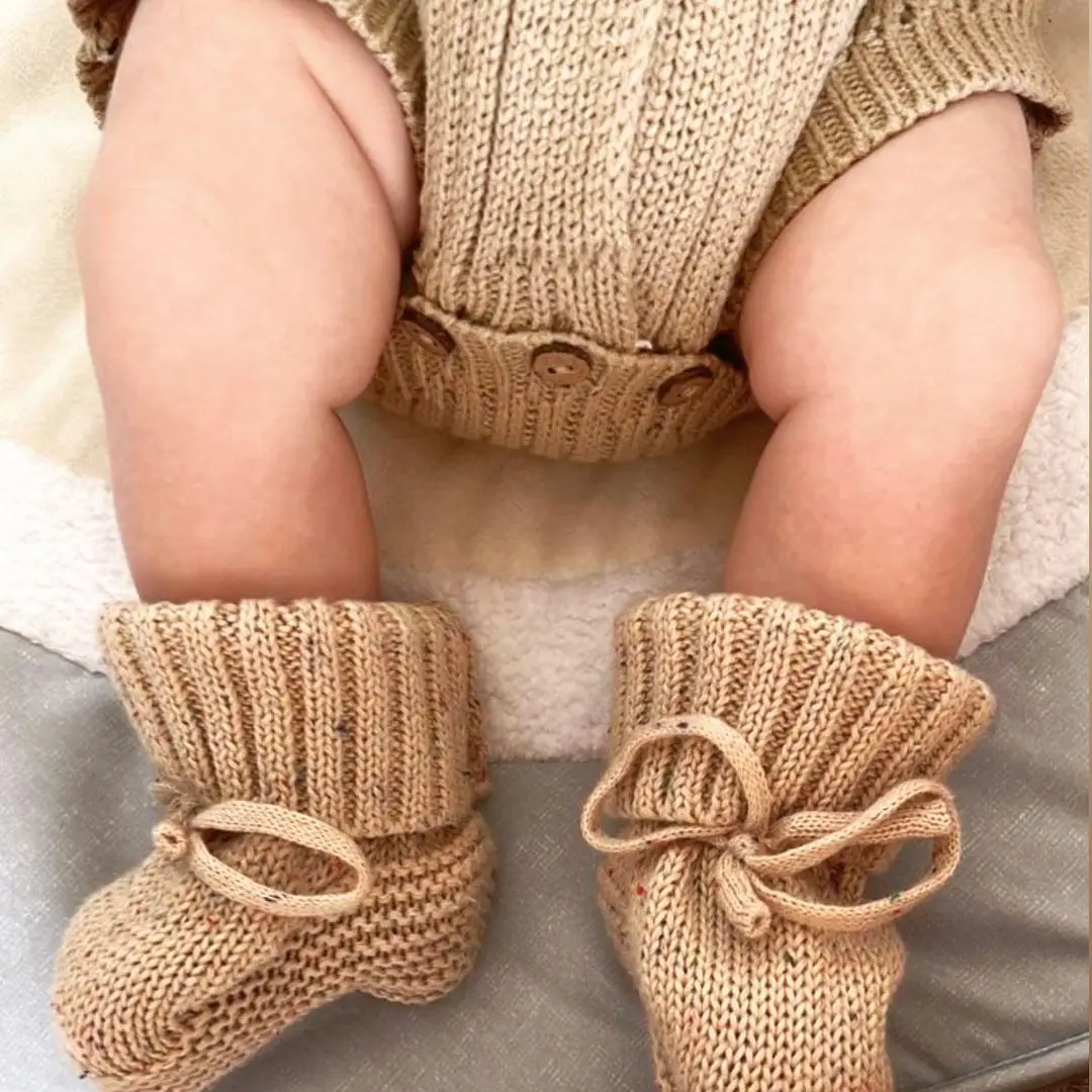 Handmade Cable Knit Baby Booties 100% Cotton Speckled Classic Bebe Socks Infants Feet Wear