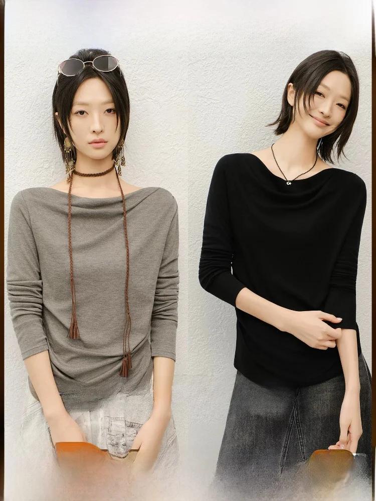 

Meiyang Women's Long Sleeve T-Shirt Lenzing Lyocell Australian Wool Collar Base Shirt Casual Style Slim Fit Classic Pattern