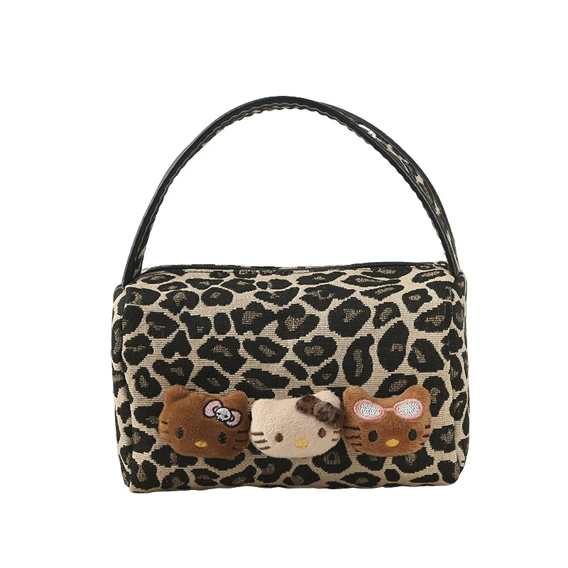 

Hello Kitty leopard print niche black skin leopard print makeup bag, new high-end large capacity storage portable handheld makeu