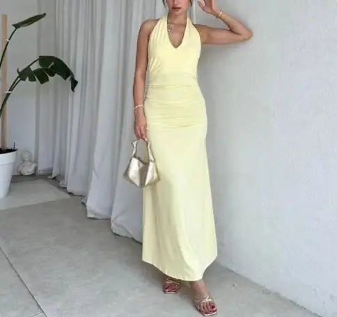 

Summer Solid Color V-Neck Hanging Neck Backless Dress for Women, Sexy and Elegant Slim Fit A-Line Sleeveless Hip Hugging Dress