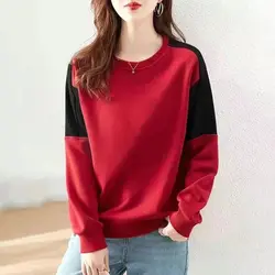 2023 Spring and Autumn Sports Casual Loose Round Neck Simple Sleeve Panel Contrast Comfortable Solid Oversize Women's Sweater