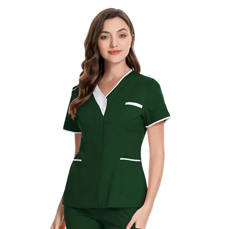 

Summer Woman Solid Nursing Scrubs Tops T Shirt Working Uniforms Short Sleeve Plus Size Top Women V-neck Pocket Clothes