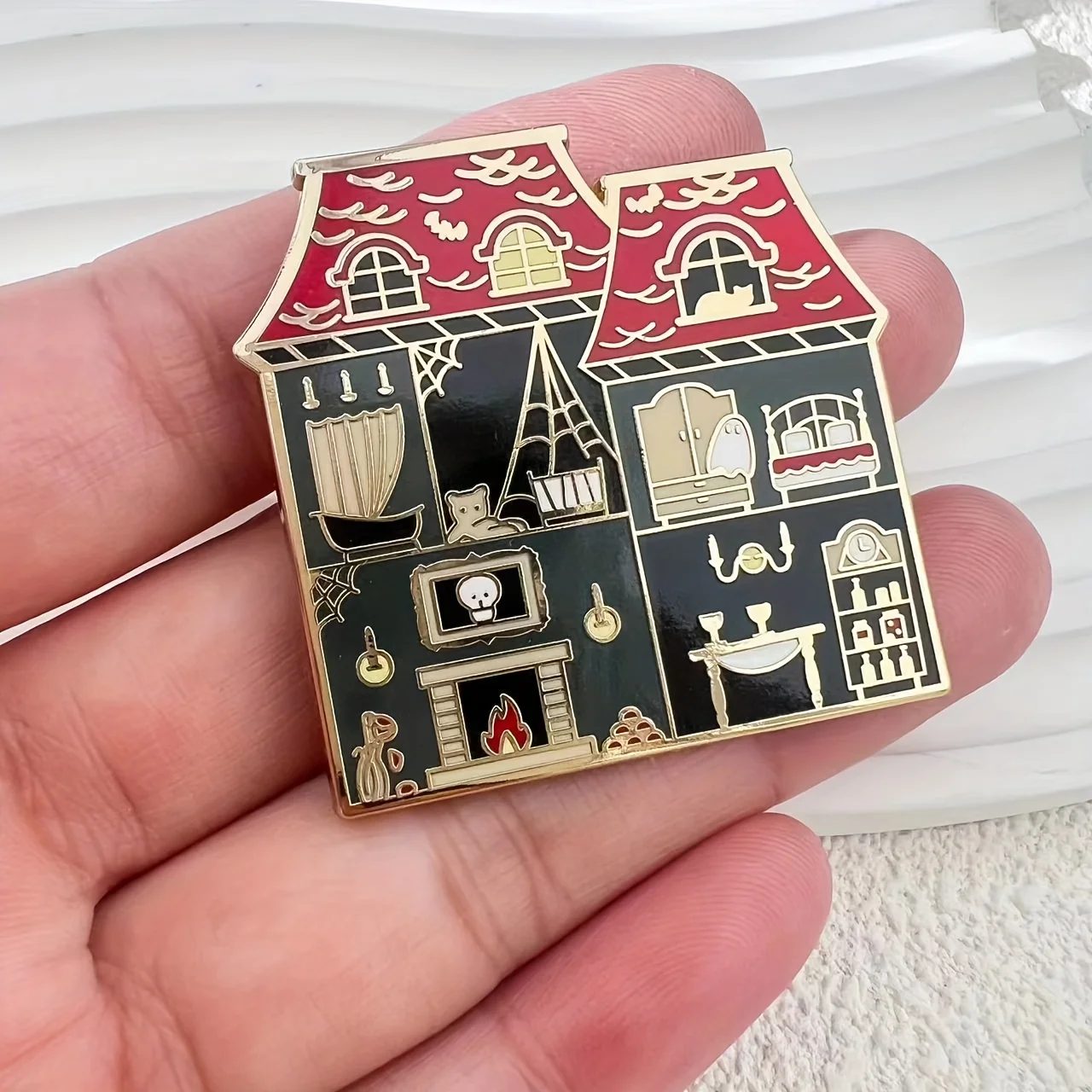 Unique Red Alloy Cartoon Enamel Pin - Cute Spooky Haunted House Badge